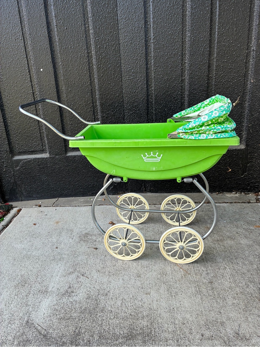 Bright Green Retro Doll Pram with Floral Canopy
